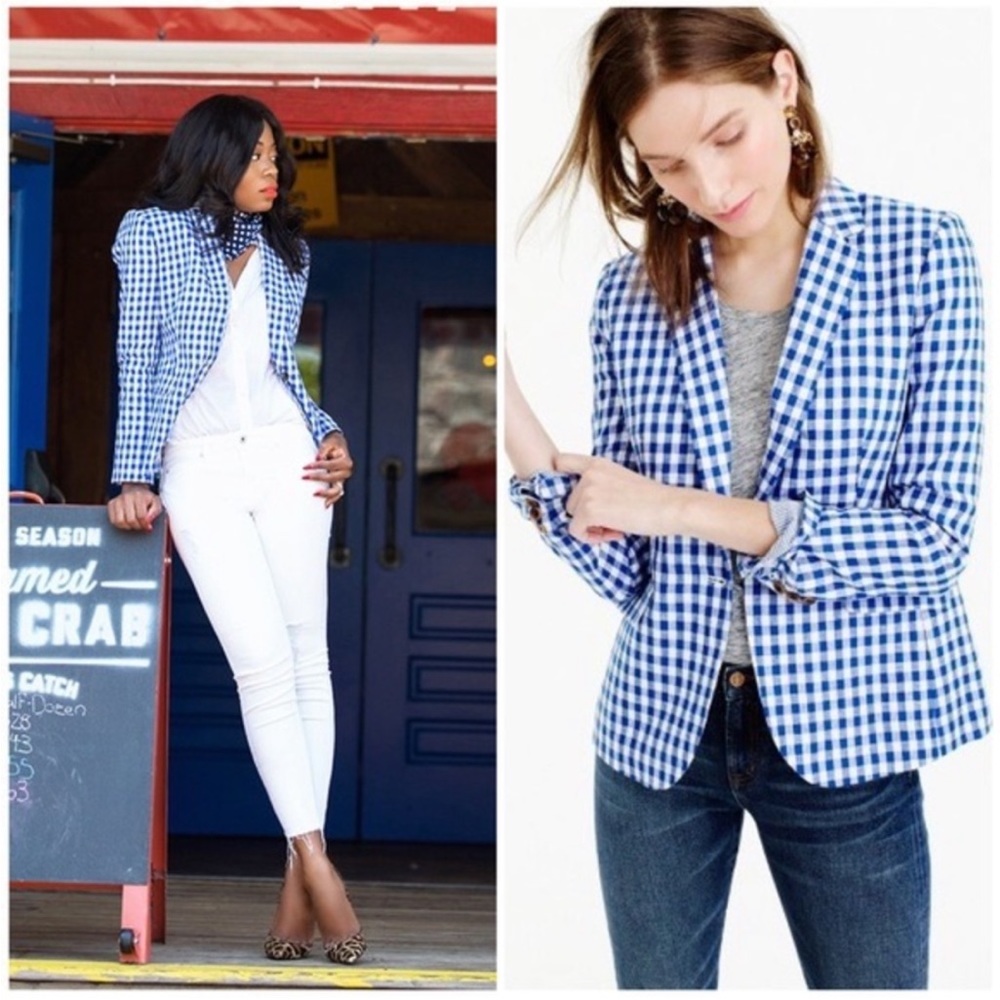 NEW J. Crew Campbell Linen Blazer in White/Blue Gingham, Size 4